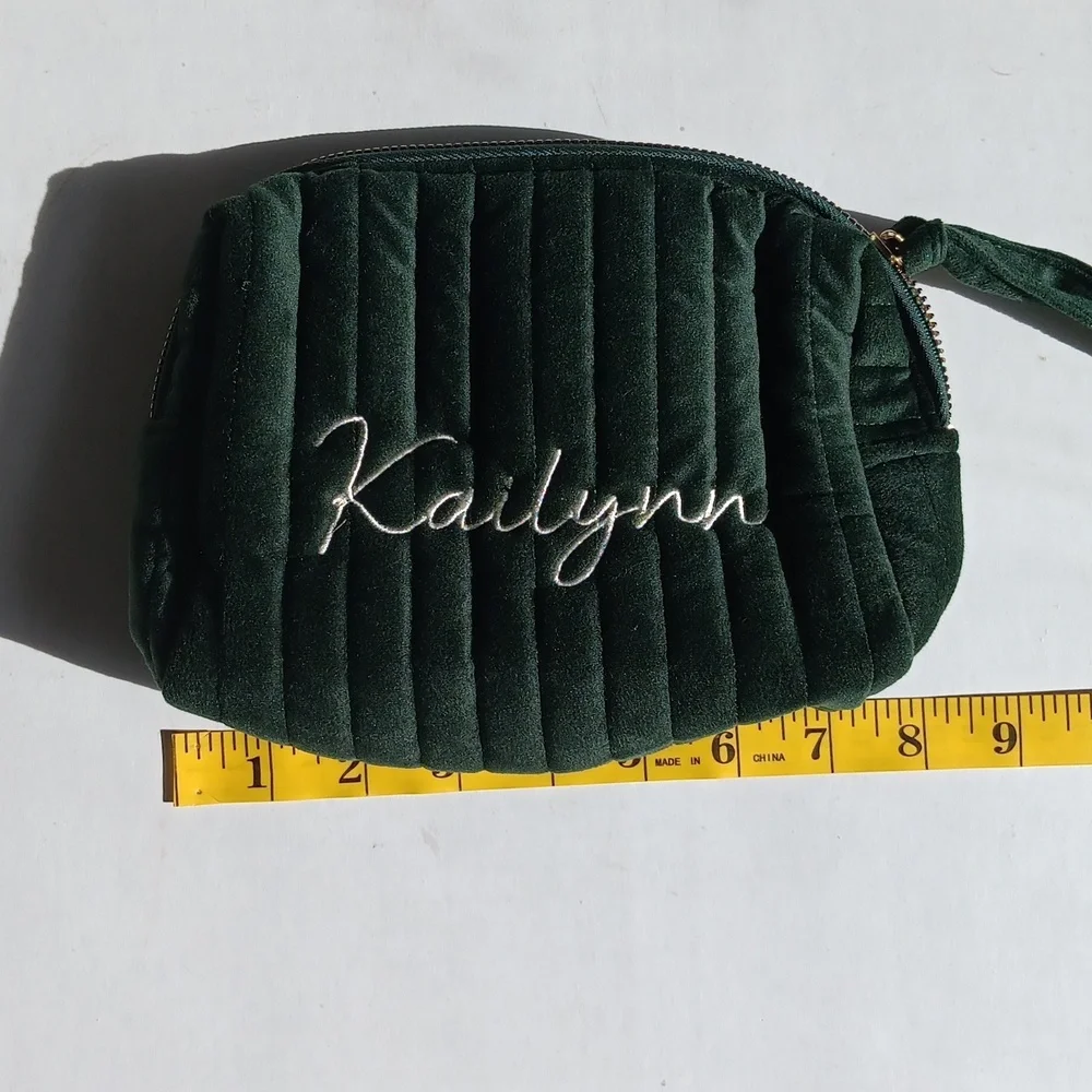 KAILYNN EMBROIDERED VELVET DARK GREEN COSMETIC BAG